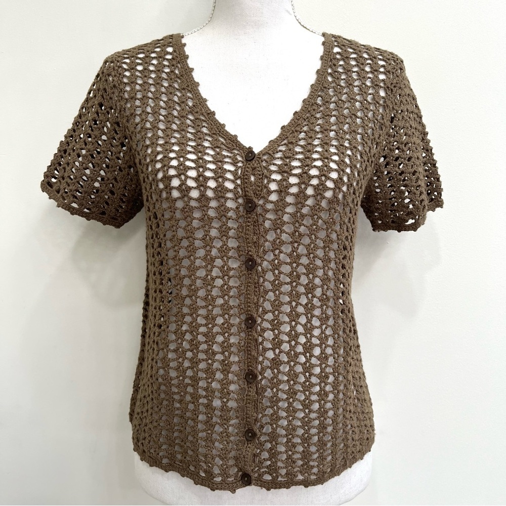 Vintage crochet knit cardigan sweater Olive green short sleeve festival boho S